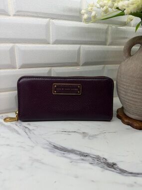 Marc by Marc Jacobs Deep Plum Pebbled Leather Zip Wallet with Gold Hardware